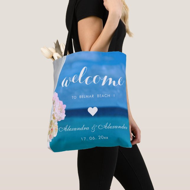 Elegant Floral Ocean Beach Wedding Welcome Favour Tote Bag (Close Up)