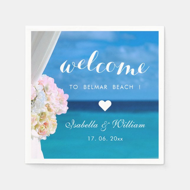 Elegant Floral Ocean Beach Wedding Welcome Paper Napkins (Front)