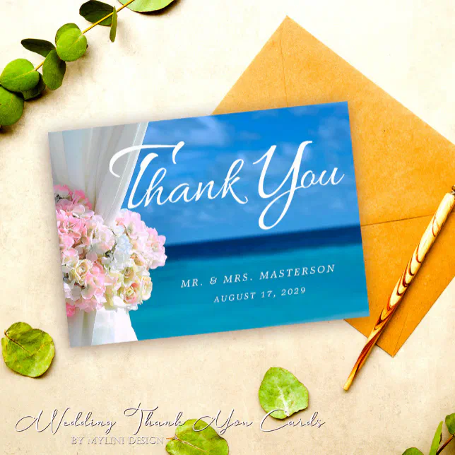 Elegant Floral Ocean Summer Beach Wedding Thank You Card | Zazzle
