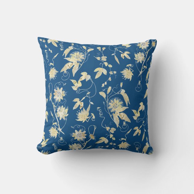 Elegant Floral on Classic Blue Throw Pillow (Front)