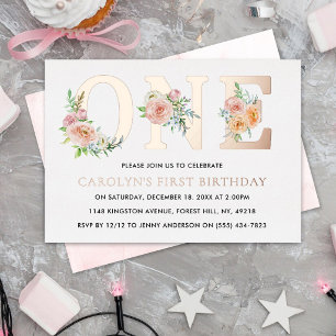 Elegant Floral ONE 1st Birthday Real Foil Invitation