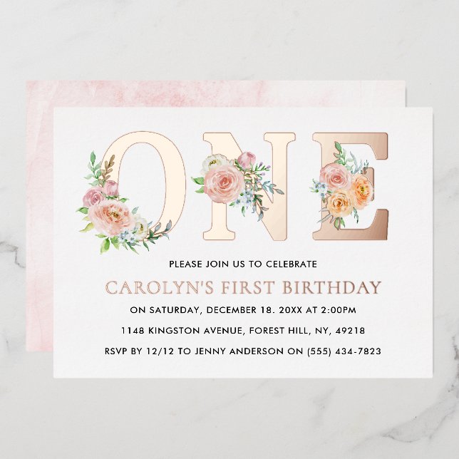 Elegant Floral ONE 1st Birthday Real Foil Invitation (Front/Back)
