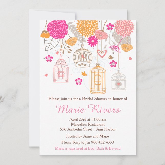 Elegant Floral Orange and Pink Bridal Shower Invitation (Front)
