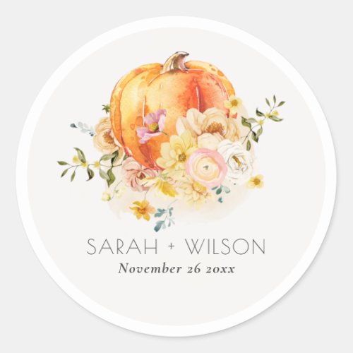 Elegant Floral Orange Autumn Pumpkin Wedding Classic Round Sticker