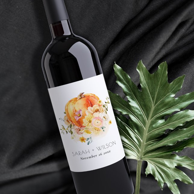 Elegant Floral Orange Autumn Pumpkin Wedding Wine Label (Creator Uploaded)