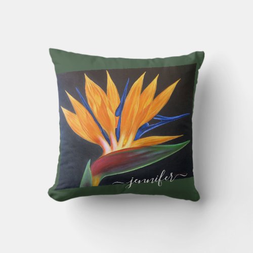 Elegant Floral Orange Birds Of Paradise Name Scrip Throw Pillow