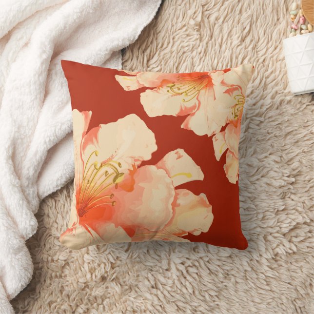 Elegant Floral Orange Peach Throw Pillow (Blanket)