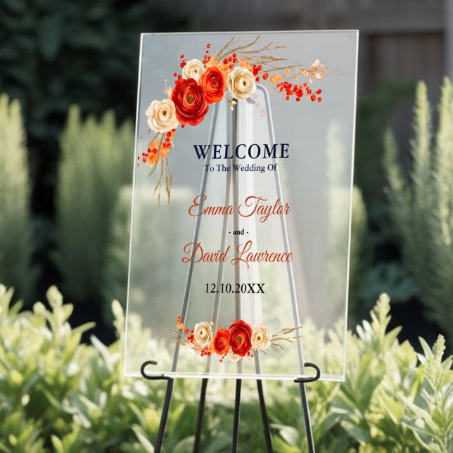Elegant floral orange terracotta welcome wedding  acrylic sign (Creator Uploaded)