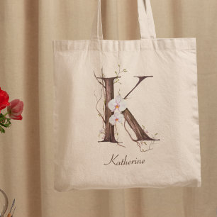 Elegant Floral Orchid 'K' Custom Name Monogram Tote Bag