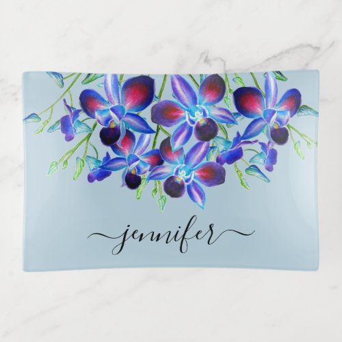 Elegant Floral Orchids Dusty Blue Watercolor Name Trinket Tray
