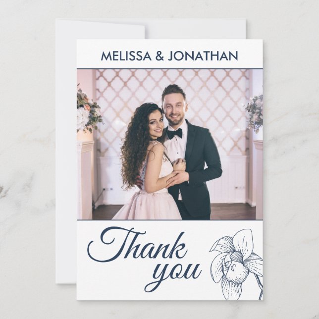 Elegant floral orchids line drawing wedding photo thank you card (Front)