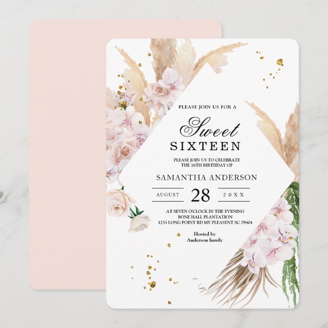 Elegant Floral Orchids & Pampas Beauty Frame Invitation (Front/Back)