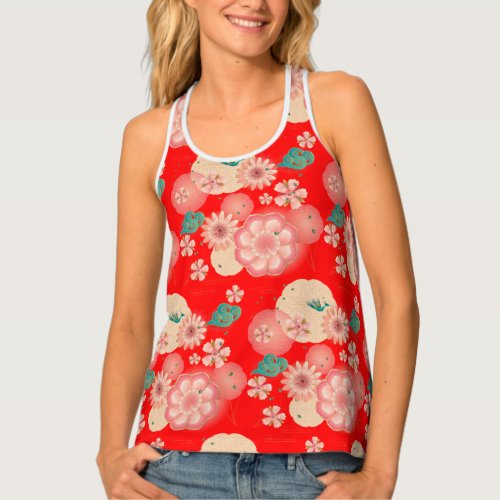 Elegant Floral Ornament Spring Peach Garden Tank Top