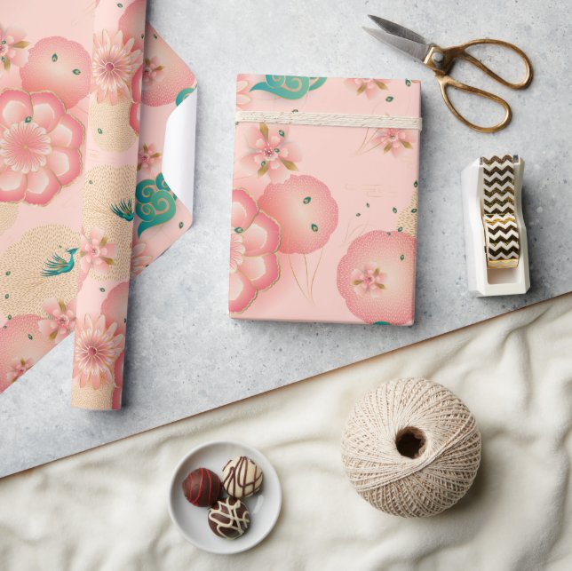 Elegant Floral Ornament Spring Peach Garden Wrapping Paper (Crafts)