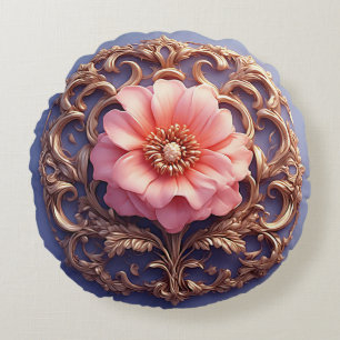 Elegant Floral Ornament With Golden Accents Round Pillow
