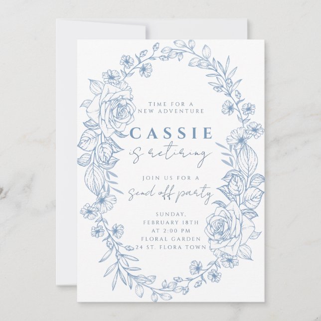 Elegant floral Pale blue retirement invitation (Front)
