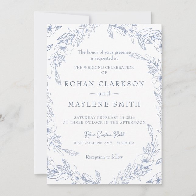 Elegant Floral Pale Blue Wedding Invitation (Front)