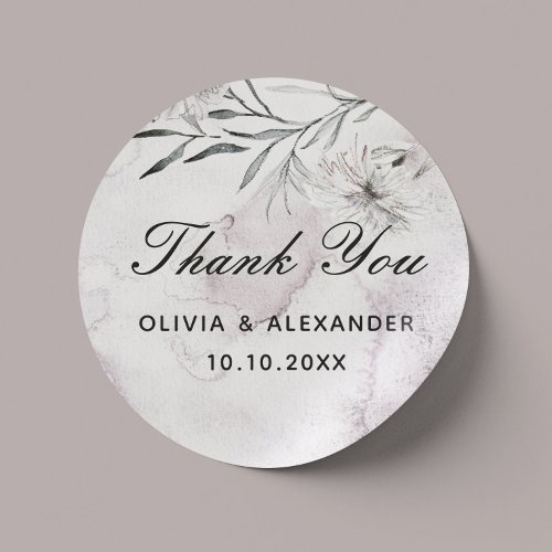 Elegant floral pale dusty purple wedding thank you classic round sticker