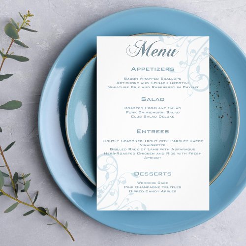 Elegant Floral Pale Light Blue Wedding Menu Flyer