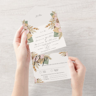 Elegant Floral Pampas Grass All in One Wedding Invitation