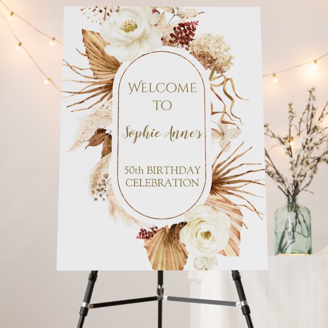 Elegant Floral Pampas Grass Birthday Welcome Sign (In Situ (Stand))