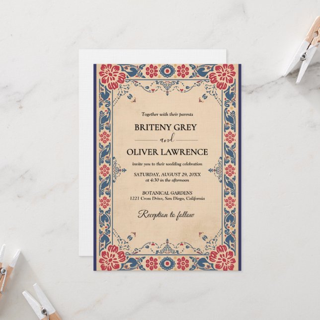 Elegant floral Papel Picado weeding Invitation (Front/Back In Situ)