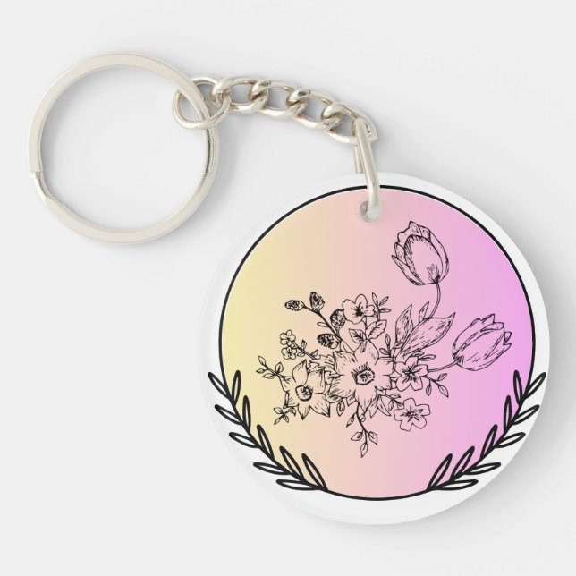 Elegant Floral Pastel Circle Aesthetic Design Keychain (Front)