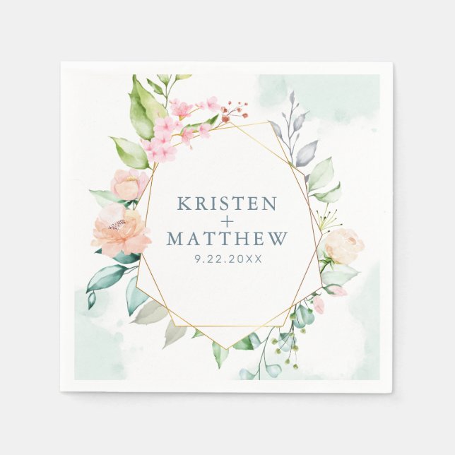 Elegant Floral Pastel Watercolor Geometric Wedding Napkins (Front)