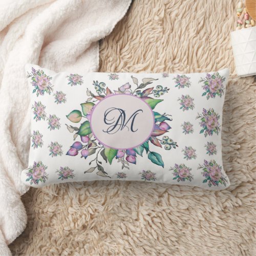 Elegant Floral Pastel Watercolor Monogram Lumbar Pillow
