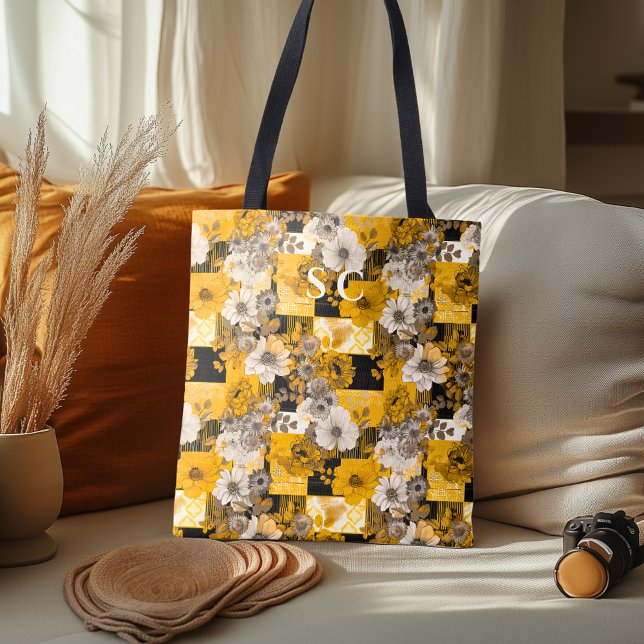 Elegant Floral Patchwork with Yellow, Gray, Black Tote Bag (Creator Uploaded)