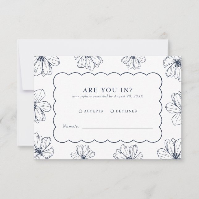 Elegant Floral Pattern Blue Wedding RSVP Card (Front)