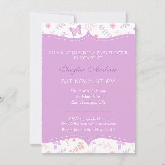 Elegant Floral Pattern Butterfly Baby Shower Invitation (Front)