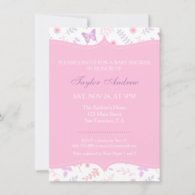 Elegant Floral Pattern Butterfly Baby Shower Invitation (Front)