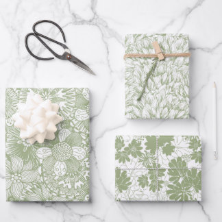 Elegant Floral Pattern Chic Sage Green Wrapping Paper Sheets