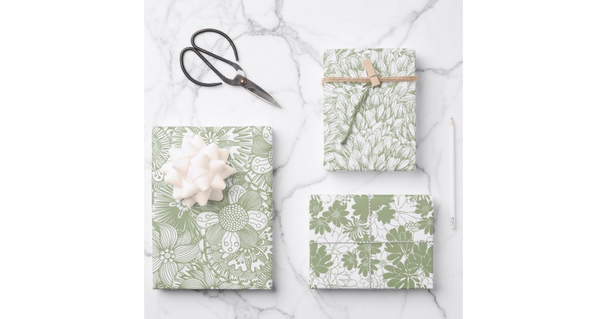Elegant Floral Pattern Chic Sage Green Wrapping Paper Sheets | Zazzle