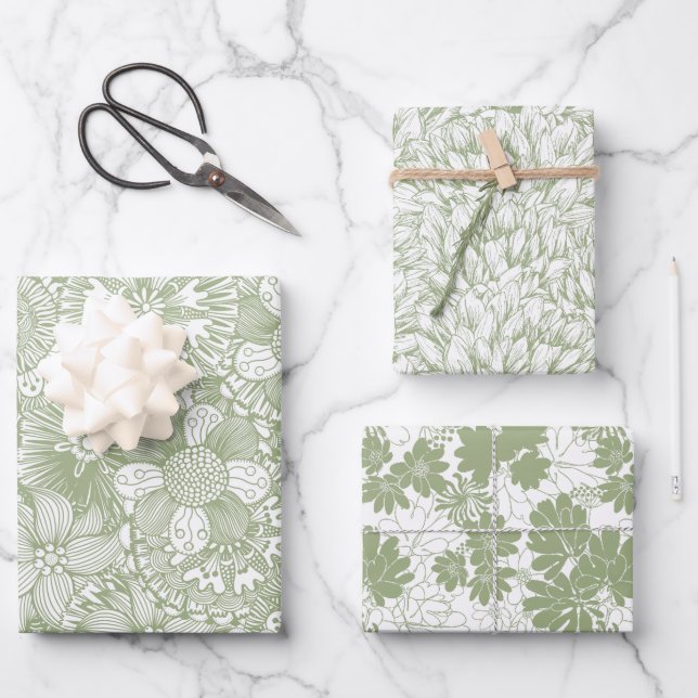 Elegant  Floral Pattern Chic Sage Green Wrapping Paper Sheets (Front)