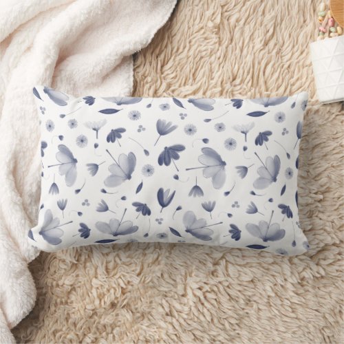 Elegant Floral Pattern Dark Blue and White  Lumbar Pillow