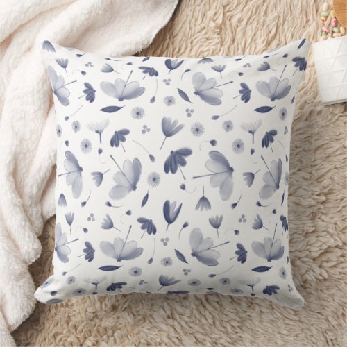 Elegant Floral Pattern Dark Blue and White Throw Pillow