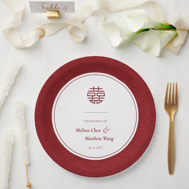 Elegant Floral Pattern Double Xi Chinese Wedding Paper Plates (Wedding)