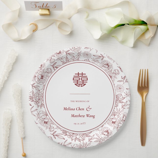 Elegant Floral Pattern Double Xi Chinese Wedding Paper Plates (Wedding)