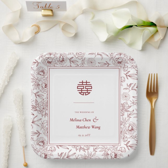 Elegant Floral Pattern Double Xi Chinese Wedding Paper Plates (Wedding)