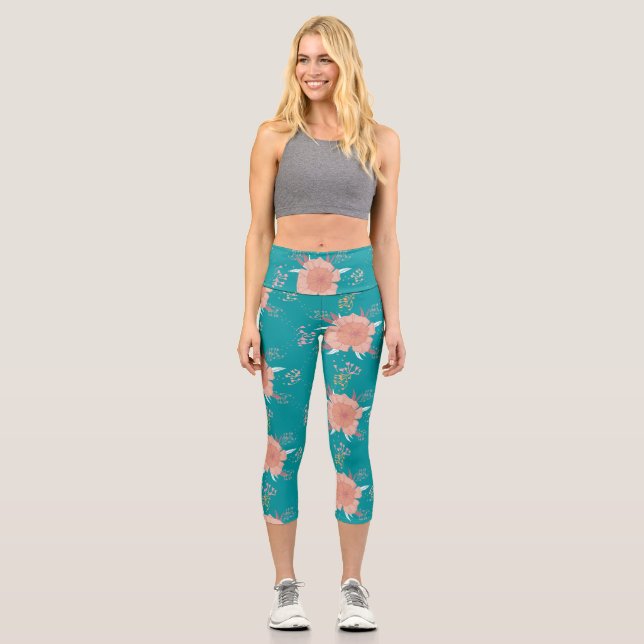 ELEGANT  FLORAL PATTERN, FYP, LIGHT  CAPRI LEGGINGS (Front)