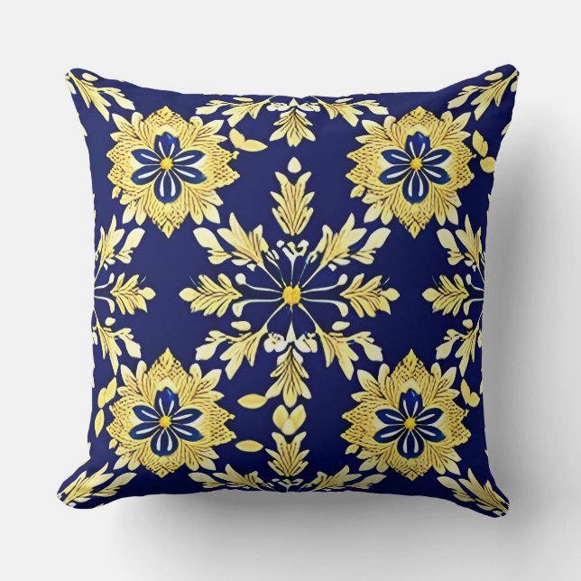 Elegant Floral Pattern in Gold and Blue Throw Pillow (Front)