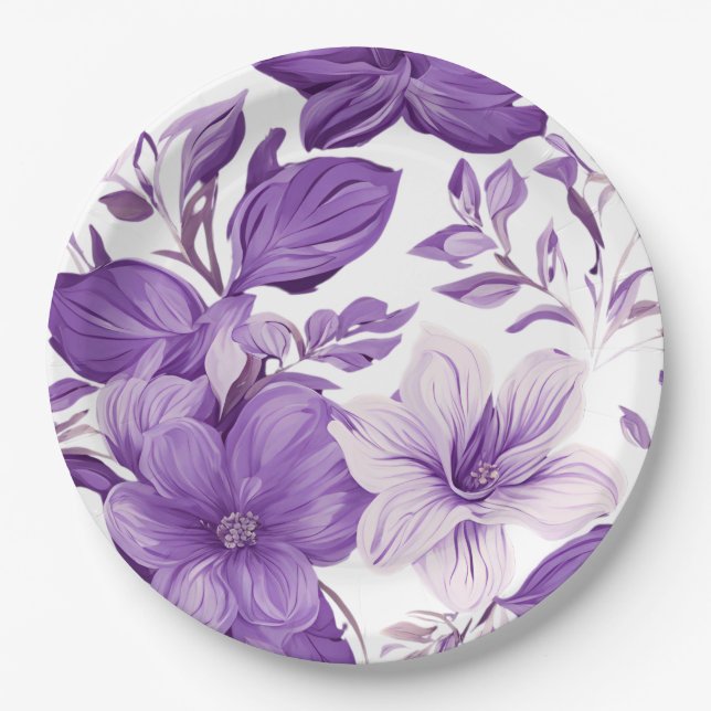 Elegant floral pattern in purple tones paper plates (Front)