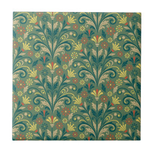Elegant Floral Pattern in Yellow and Red on Green Ceramic Tile