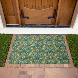 Elegant Floral Pattern in Yellow and Red on Green Doormat