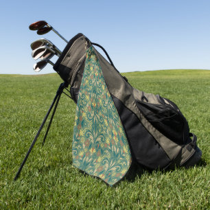 Elegant Floral Pattern in Yellow and Red on Green Golf Towel