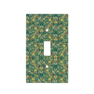 Elegant Floral Pattern in Yellow and Red on Green Light Switch Cover