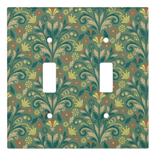 Elegant Floral Pattern in Yellow and Red on Green Light Switch Cover