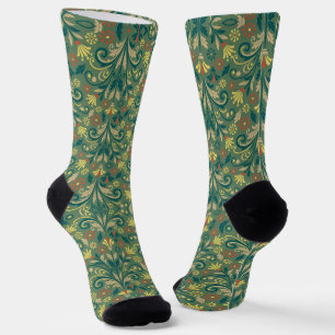 Elegant Floral Pattern in Yellow and Red on Green Socks